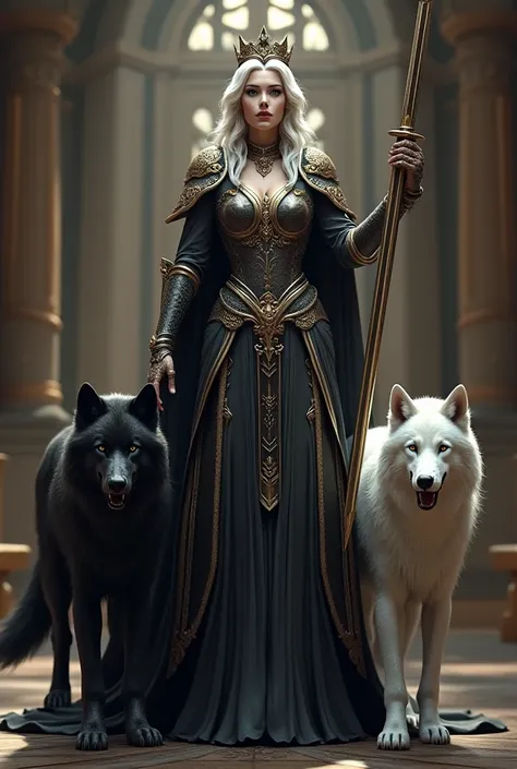 A queen with a sword and two big wolfs ,one black and another white at her feet