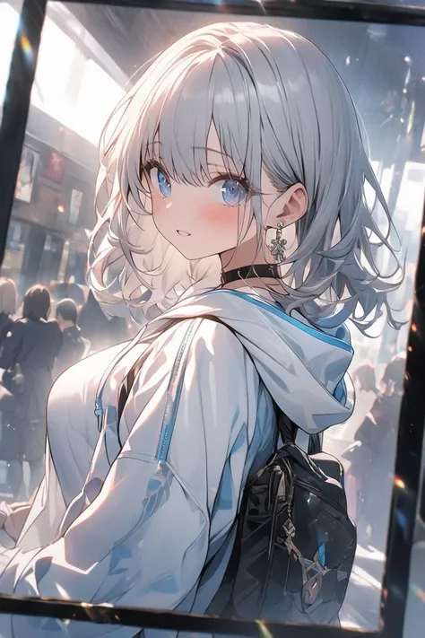 （8ｋ、masterpiece、 top quality 、 highest image quality taken by Ki、 high res、 natural light）、 girl （ cute：1.8）、One person、とても cute girl 、intense blue eyes 、Beautiful grey hair、 medium hair、 Very Large Breasts、 Silver Earrings 、 when I look through the viewfi...