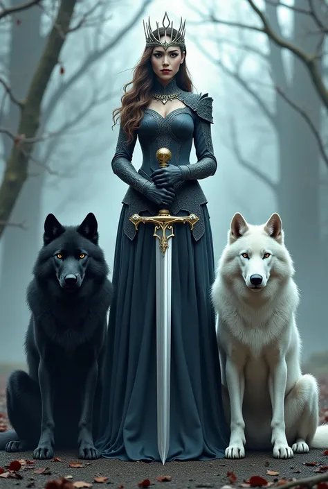 A queen with a sword and two big wolfs ,one black and another white at her feet. A powerful aura. Mysterious. 