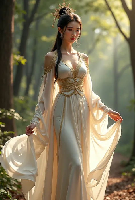 araffe woman in a white dress and gold dress in a forest, digital art by Yang J, trending on cg society, fantasy art, a beautiful fantasy empress, ((a beautiful fantasy empress)), palace ， a girl in hanfu, chinese princess, beautiful goddess, a stunning po...