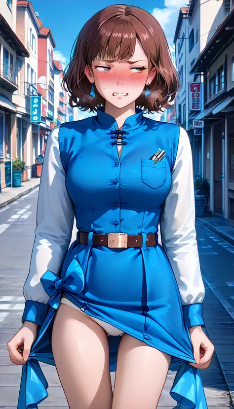 (fully clothed:1.5)(cleavage ,open shirts:0.9)(narrowed eyes:1.7) style style source_ anime anime_ coloring (Nausicaa,1girl,brown hair,　medium hair,　brown eyes, breasts, Nausicaa,1girl,brown hair,　medium hair,　brown eyes, breasts, earrings, (blue dress:1.3...