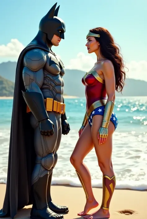 Batman discute avec Wonder woman en string sur une plage