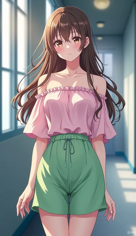 anime girl in a pink top and green shorts is standing in a hallway, anime visual of a cute girl, anime visual of a young woman, attractive anime girl, marin kitagawa fanart, beautiful anime high school girl, seductive anime girl, beautiful anime girl, beau...