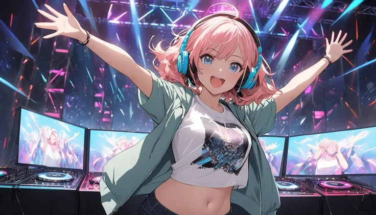 Create an anime-style illustration of a woman with short, bouncy hair in a casual hoodie and a revealing T-shirt underneath, waving her hands in the air at the DJ booth.
The casual-style woman is wearing pants, a T-shirt that reveals her belly button, and ...