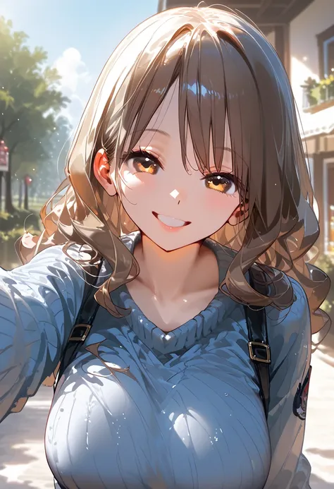 ((high_quality)), ((highest_quality)), ((high_quality_illustrations)), ((ultra-high_resolution)), ((good_lighting)), large_breasts, cute, looking_at_viewer, smile, wavy_hair, medium_hair, yellow_hair, sweater_brown, dress, outdoors, 