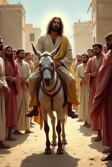 It shows Jesus when he grows up riding on a donkey and people around him adoring him