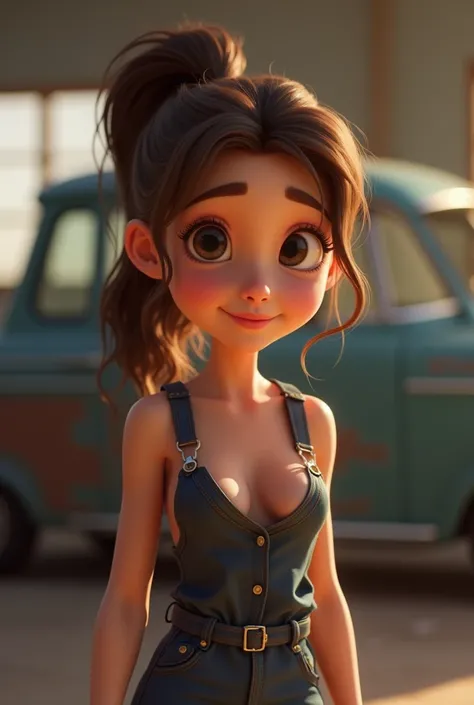 disney pixar stil:1.2) (cute charming girl :1.15) ( adults age 20 :1.**)  brown hair ,  ponytail,  very thin jumpsuit ,  huge breasts , cleavage, sexy mechanic , in a garage, ( perfect hands :1.1) ( extreme wide angle shot, Full body, zoomed out:1.1) tople...