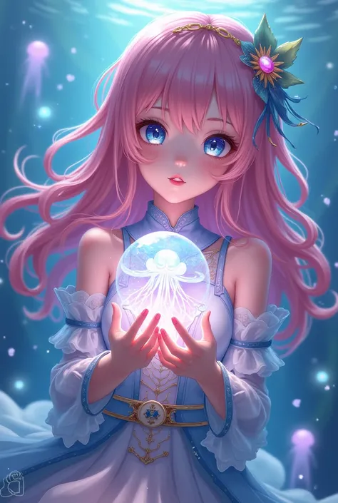 anime girl  holding a jellyfish that is glowing , sea inspired oc, character design, long wavy pink hair, blue eyes, sparkling and glittering water
