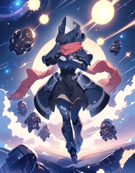 Detailed 8k cute theme , female knight in iron helmet covering her entire face and scarf, wearing black technological armor with outer space in the background ( full body )