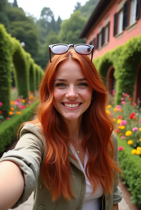 Create a vibrant image of a woman influencer with long, flowing red hair styled in loose waves, as if someone else is taking a picture of her. She is smiling brightly, with her stylish sunglasses perched on top of her head, showcasing her relaxed and fashi...