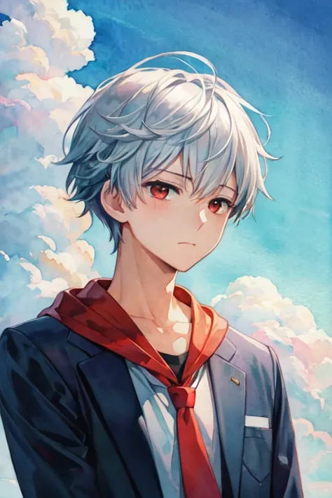 masterpiece,  top quality ,  illustration,  1 Boy , Alone,   male focus  ,  watching viewers,  upper body, , (watercolor  illustration,  SOFT PASTEL COLORS:1.1), , According to_Tie up,  Silver Hair,  red eyes, , Hard SF,