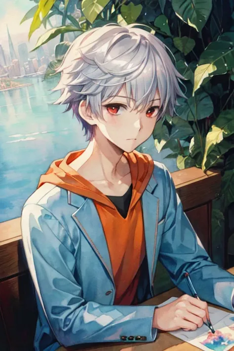 masterpiece,  top quality ,  illustration,  1 Boy , Alone,   male focus  ,  watching viewers,  upper body, , (watercolor  illustration,  SOFT PASTEL COLORS:1.1), , According to_Tie up,  Silver Hair,  red eyes, , Hard SF,