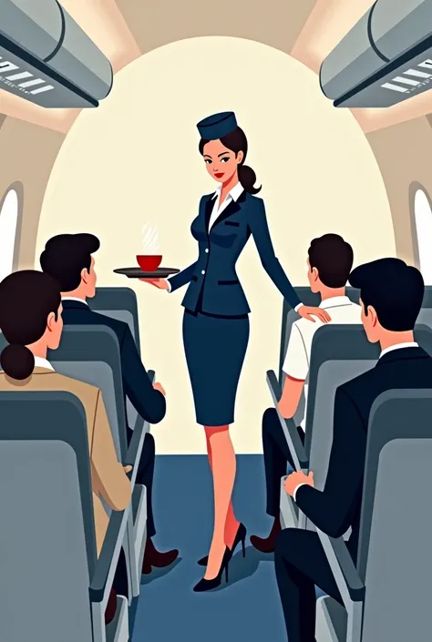 manhwa, Beautiful stewardess providing in-flight service, Navy blue uniform, Thick outline, Flat Color