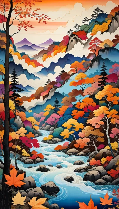 Top quality, high resolution, best composition, Nishijin-ori style, painting of a river and mountains in the background, distant view of a forest in late autumn, a forest of thin-trunked trees with vibrant red and brown leaves at the ends of the trunks, a ...