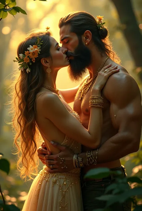 Fairy woman with golden jewelry incredibly beautiful kisses a very handsome man with a 3-day beard 