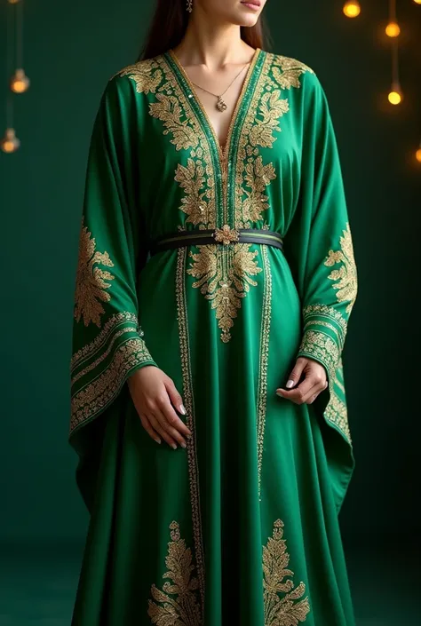 A waisted Ramadan jalabiya with shiny decorations in gold, green fabric and a belt on the waist 