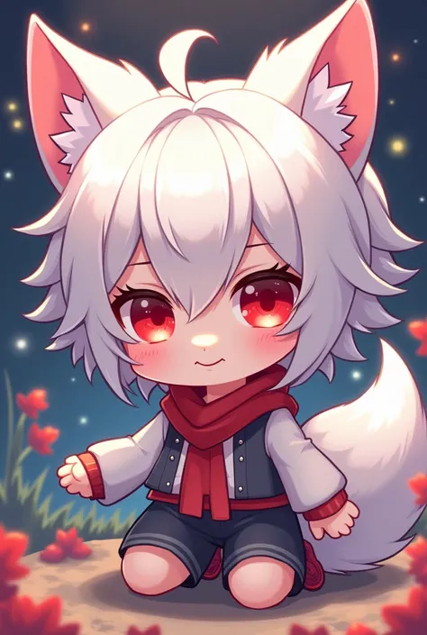 chibi boy, white hair, red eyes, small fox ears, mischievous smile