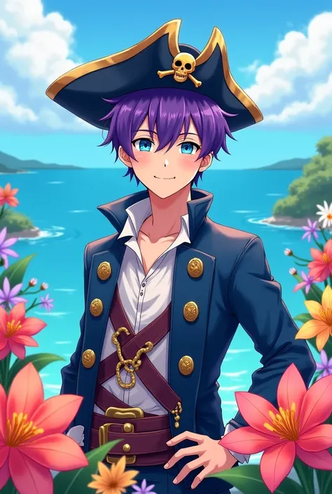 Crea a un hombre joven in anime style, with purple hair,  blue eyes, in pirate clothes, looking friendly , surrounded by flowers, with the sea in the background, ( the boy is about  ), in anime style 