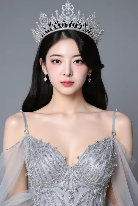 A young Asian woman, likely in her late teens or early twenties,  is the central figure.  Shes adorned with a sophisticated, ornate silver crown.  The intricate design of the crown, featuring delicate floral patterns and sparkling gems, is a focal point. H...