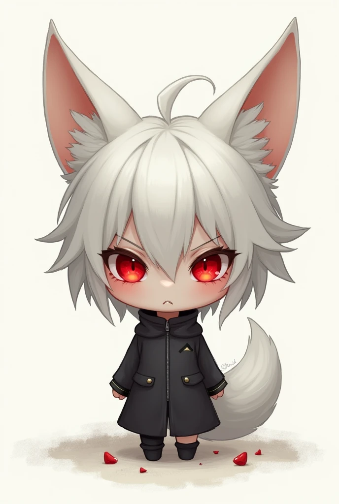 chibi boy, white hair, red eyes, small fox ears, straight face