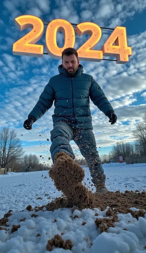 
“A hyper-realistic, cinematic winter scene with the focus on a dramatic close-up of a man’s foot crushing a large 3D number ‘2024’ made of earth, which cracks and shatters under the pressure. The man is standing front-facing, visible in the background wit...