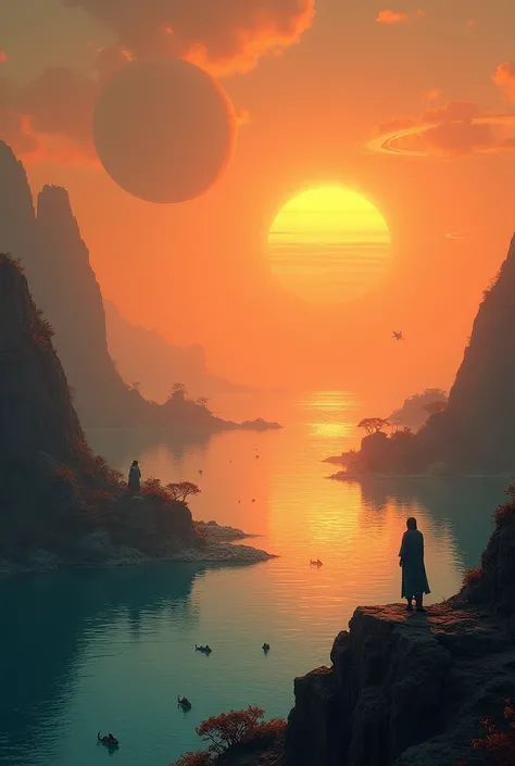 You are a fantasy painter but very realistic generate an image of an extraterrestrial landscape where there is only sea with floating cities all over the sea with sea creatures jumping out of the water the sky is orange in various shades from the brightest...