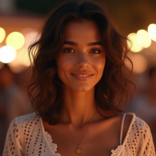 Radiant man ,youthful face, contagious smile,  tanned skin , wavy dark brown hair ,  crochet blouse ,sweet and gentle look,  in the background a blurry square at night with lights,  romantic atmosphere . High resolution ,  masterpiece , Necessary, Anatomic...