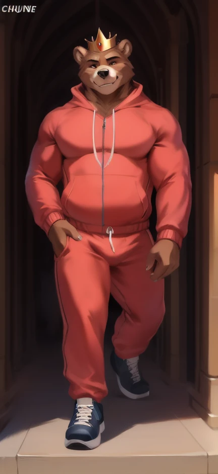 Solo, male Tall​ ,huge​ body​,​ Chair Ride ,Wearing the Kings Crown, hell​ den,bear, pink Tracksuit soldier , Wear combat shoes, overweight, muscular, Smirking​ , by chunie