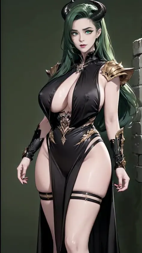 (best quality:2.0), (extremely detailed:2.0), (highly detailed:2.0),(Raste, a demoness with striking green hair, wearing a dark, form-fitting outfit with subtle demonic symbols, showcasing her powerful yet alluring presence: 2.0),(Her outfit is sleek and i...