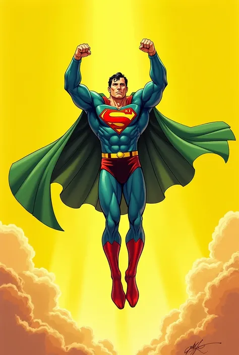 superman, drawing like in , flies up, with a green cloak ,  comics with a belly showing the viewer,  behind Superman yellow background,  the Superman costume should not be yellow, hands look up , except for Superman, there should be no other objects 
