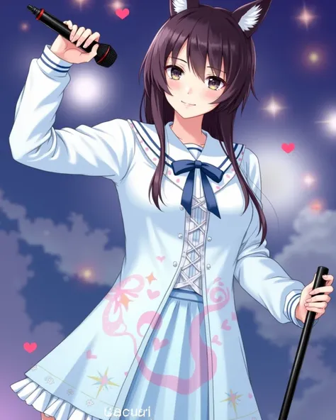 Close-up shot of a person holding a microphone, Sengai album cover,  trending on pixiv ,  what is it ？, shikamimi, Seifuku, Chiho,  magic uniform, The background is heavenly, Magic School Uniform, Teshirogi Shiori ,  magic uniform university, sakimimichan,...