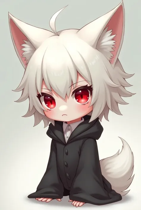 chibi boy, white hair, red eyes, small fox ears, straight face