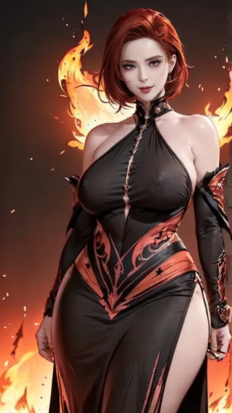 (best quality:2.0), (extremely detailed:2.0), (highly detailed:2.0),(Rune, a fiery red-haired demoness, wearing a form-fitting outfit adorned with demonic symbols and flame patterns, radiating a powerful yet seductive aura: 2.0),(Her attire is dark, with h...