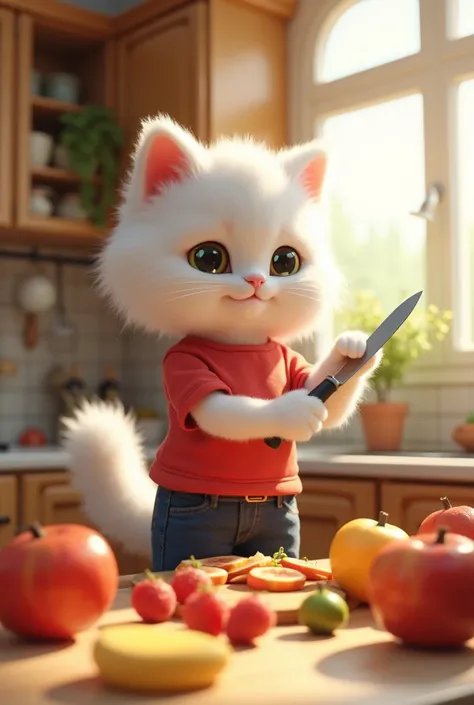 Generate a high quality 3D image:A white cat wear red T-shirt and blue pant and cut fruits  by knife in kitchen at house in morning .