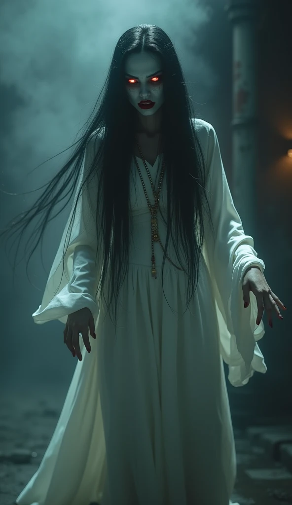 "Create a 3D ultra-realistic depiction of a Pontianak, the famous Indonesian ghost. The Pontianak should be portrayed as a female ghost with long, flowing black hair, wearing a white traditional dress. Her skin is pale, and her eyes glow ominously. She is ...