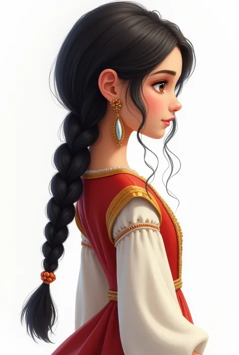 Draw a picture of a beautiful girl with black hair ,  hair is braided in a braid ,  she turned right side at us ,  she is wearing a soft and fluffy white dress  ,  she is also wearing a red vest decorated with gold beads ,  on her ears a beautiful ethnic d...