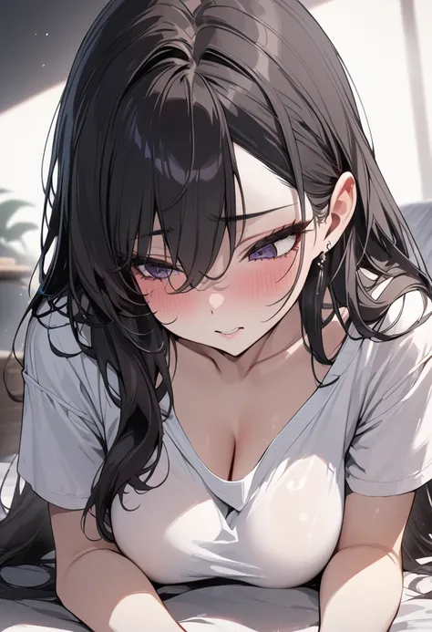  one person ,  black long hair, sloping eyes ,  big boobs, loose white t-shirt , rest, masterpiece, Details ,  meticulous detail , High quality, 최High quality,  high resolution 