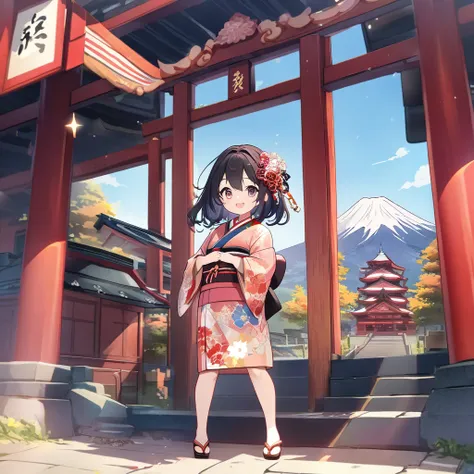 masterpiece, best quality, 4k、((2D illustration))、one beautiful girl、(((chibi style)))、solo、((cute chibi))、((lens flare))、((warm colors))、((long beautiful hair)), glossy black hair, gradient hair color, hair between eyes, beautifully detailed eyes, ((Japan...