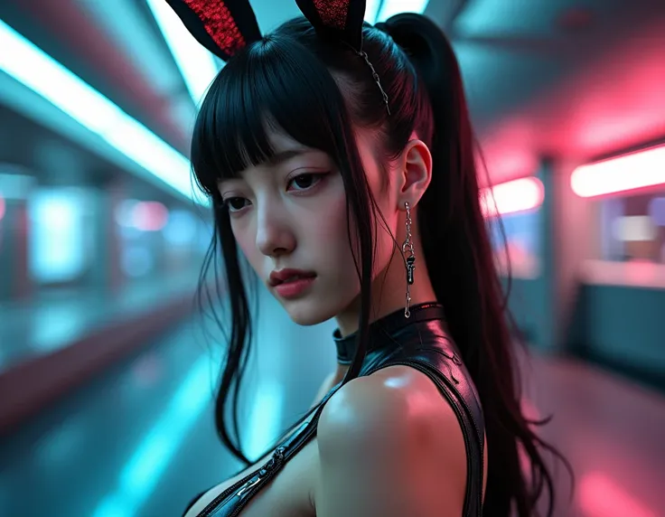 Analog Style, High resolution, (((masterpiece))), woman, (sexy:0.9), cyber punk, Futuristic, Science fiction, Very detailed, , Award-winning movie posters, (((Realistic)))、A little slender,バニーガール