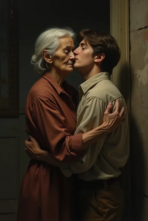 an old woman kissing a young man