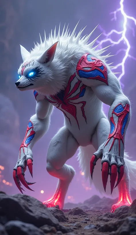 create 32k massive, muscular, and mutated hybrid creature resembling a snow fox fused with Spider-Man, standing in a predatory crouch on a shattered alien landscape. The creature’s body retains the sleek, snow-white fur of the fox, accented with vibrant re...