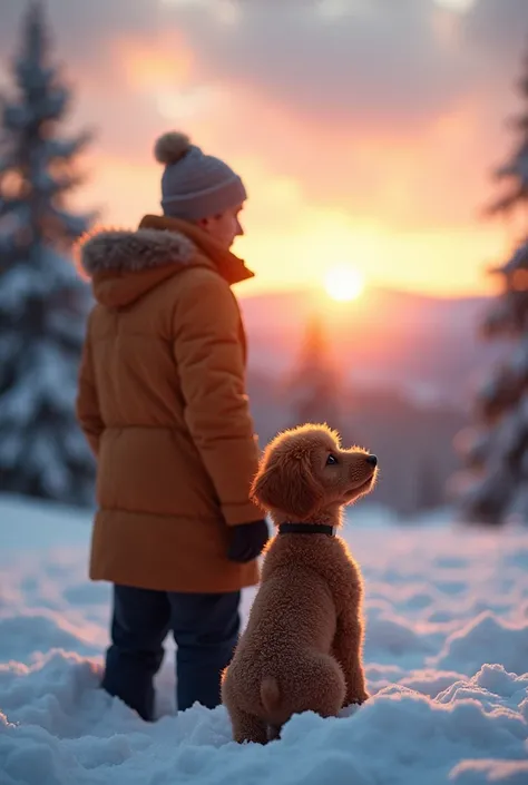 High quality, precise depiction, realistic photo. Not painterly. A real photo. A photo taken from a distance. The subject is small. First sunrise of the year. Snowy scenery. A brown toy poodle puppy and an adult man wearing a down coat are happily watching...