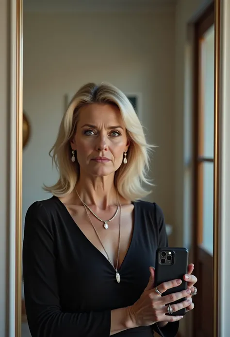 A cinematic photo of a middle-aged woman,She is blonde,She is 50 years old,Shes taking a mirror selfie , full body view