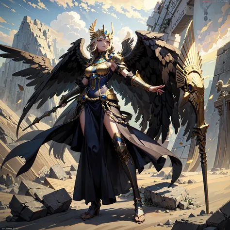 ((masterpiece, ultra detailed)) (1girl) A fierce goddess with a falcons gaze, her piercing eyes shining like the sky. She wears a magnificent golden and blue falcon-shaped helmet, with wings that extend behind her. Her armor is royal and adorned with the E...