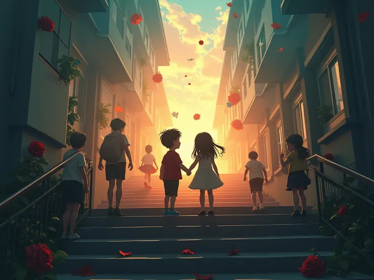 photorealistic .  The stairs of the EGB school are shrouded in a magical aura of memories :  little ren playing in the background ,  while the boy and the girl , now in the foreground ,  are separated by an empty space on the steps .  About them ,  laughte...