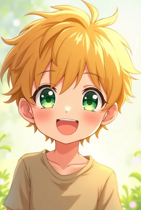 Cute smiling face blonde hair green eyes anime boy character