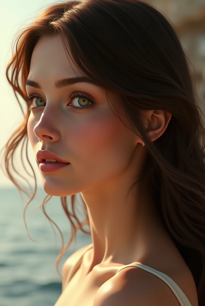 Very realistic woman in profile with green eyes and brunette in profile l and tanned 