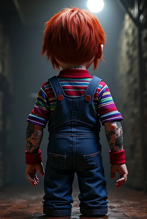 Chucky with purple flannel and tattooed arm