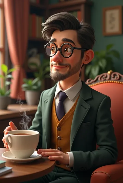 a fictional character not a real man , with glasses and no beard and a cup of tea wearing a suit NO BEARD a shaved face 