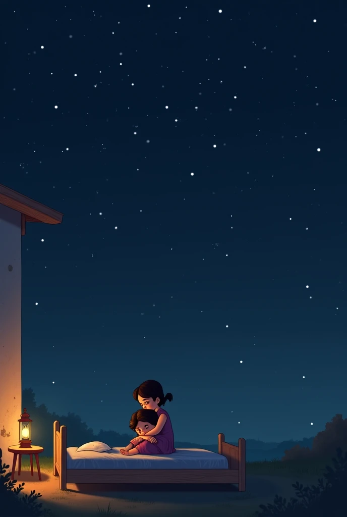 A tender moment of Aai hugging Ruhi on a simple cot. The room is dimly lit by a lantern, and the night outside is calm and starry.